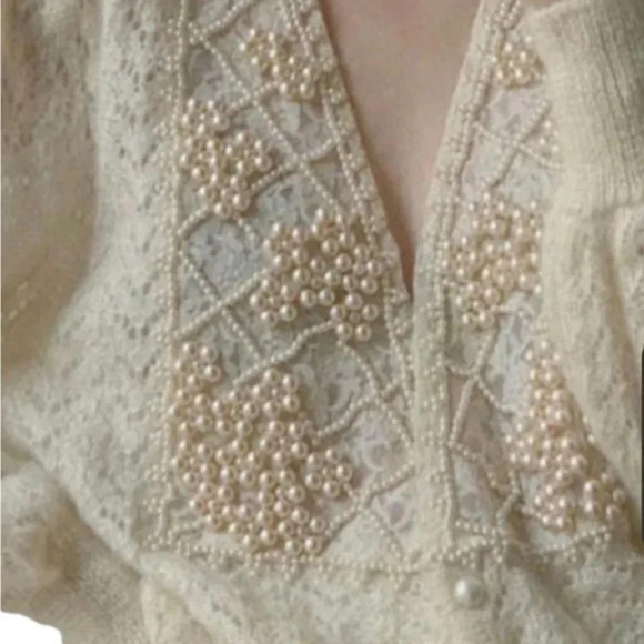 Vintage Style Pearl Encrusted Boho Cable Stitch Crème Cardigan Sweater New M - Picture 5 of 7